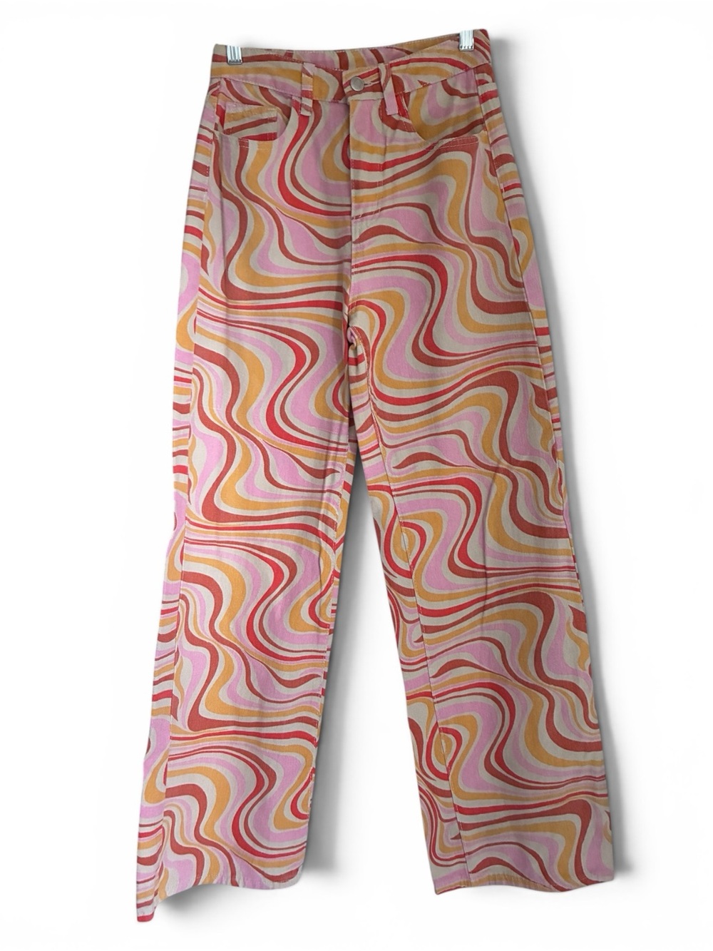 70s Style Retro Hippie Y2K High Waist Wide Leg Jean SHEIN Pink Coral Yellow Sz S